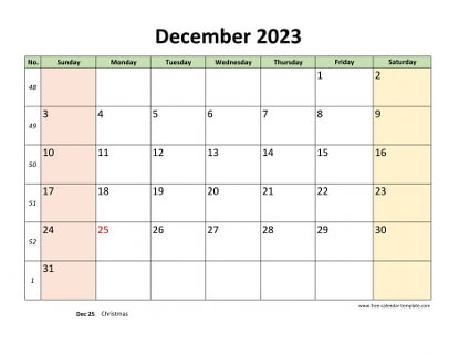 december 2023 calendar colored horizontal