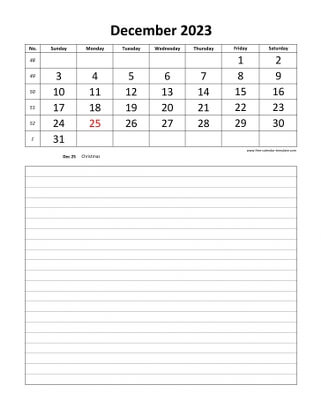 december 2023 calendar daily notes vertical