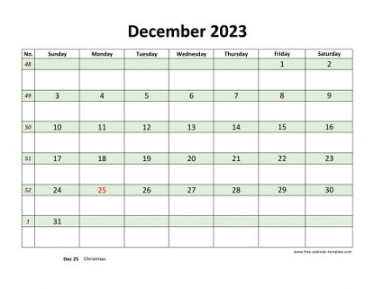december 2023 calendar daycolored horizontal