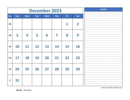 december 2023 calendar largenotes horizontal