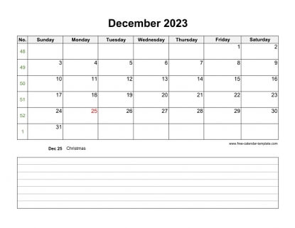 december 2023 calendar notes horizontal