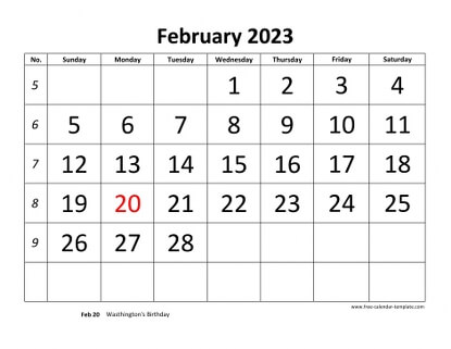 february 2023 calendar bigfont horizontal