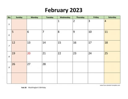 february 2023 calendar colored horizontal