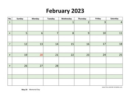 february 2023 calendar daycolored horizontal