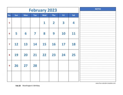 february 2023 calendar largenotes horizontal