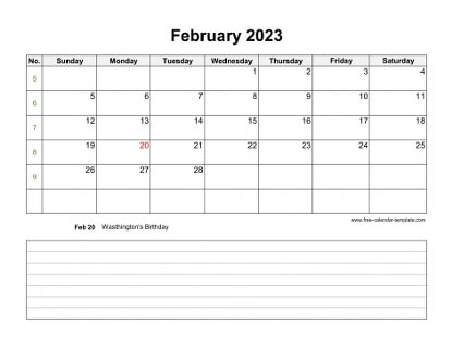 february 2023 calendar notes horizontal