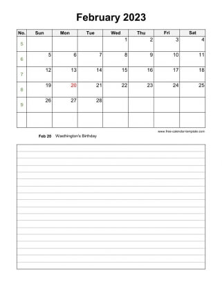 february 2023 calendar notes vertical