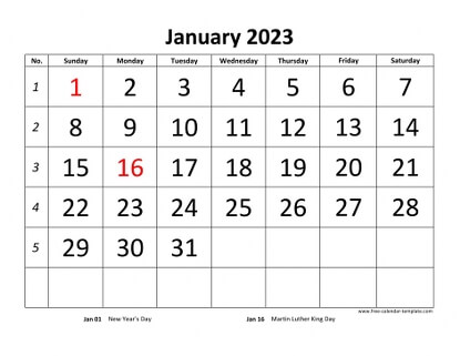january 2023 calendar bigfont horizontal