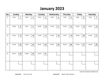 january 2023 calendar checkboxes horizontal