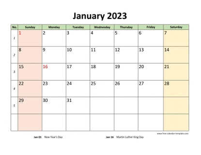 january 2023 calendar colored horizontal