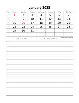 january 2023 calendar daily notes vertical