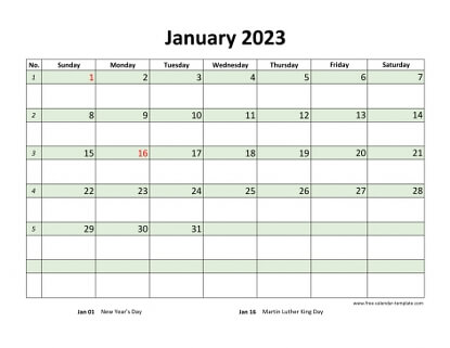 january 2023 calendar daycolored horizontal