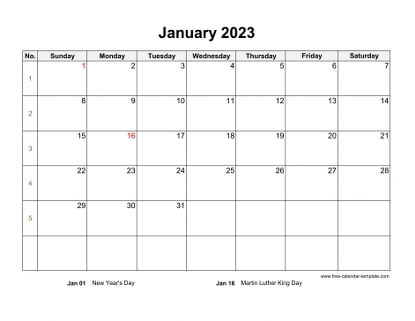 january 2023 calendar holidays horizontal