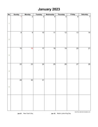 january 2023 calendar holidays vertical