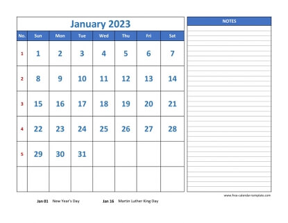 january 2023 calendar largenotes horizontal