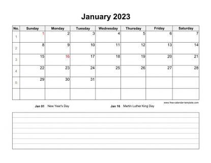 january 2023 calendar notes horizontal