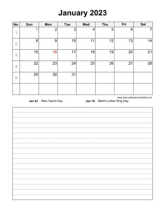 january 2023 calendar notes vertical