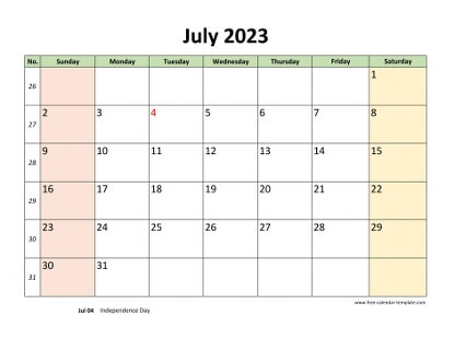 july 2023 calendar colored horizontal