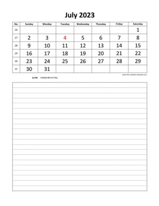 july 2023 calendar daily notes vertical