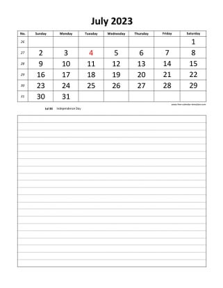july 2023 calendar daily notes vertical