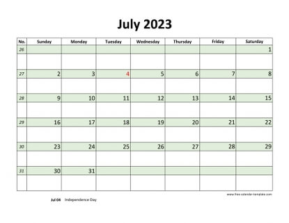 july 2023 calendar daycolored horizontal