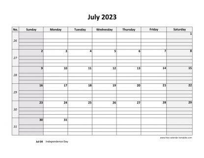 july 2023 calendar daygrid horizontal