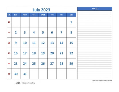 july 2023 calendar largenotes horizontal