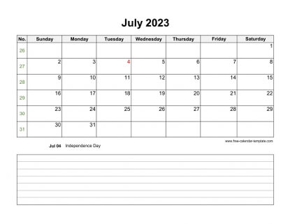 july 2023 calendar notes horizontal