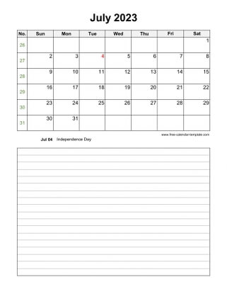 july 2023 calendar notes vertical