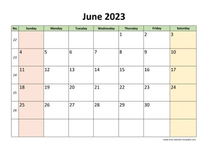 june 2023 calendar colored horizontal