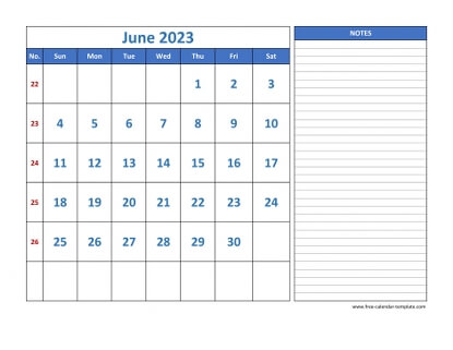 june 2023 calendar largenotes horizontal