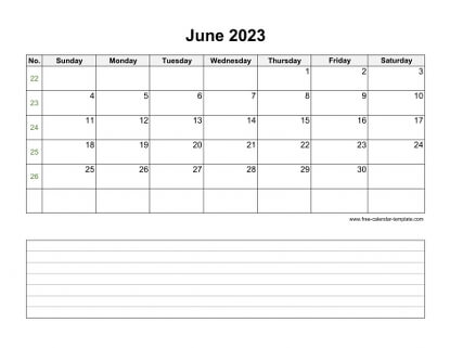 june 2023 calendar notes horizontal