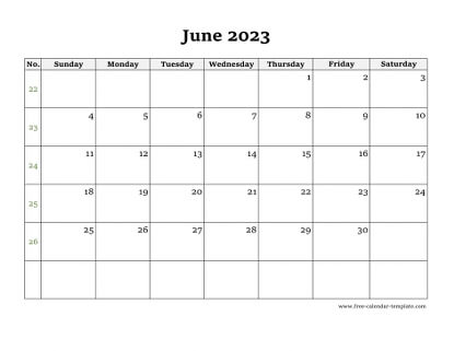 june 2023 calendar simple horizontal