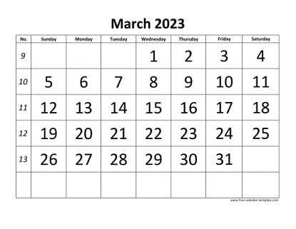 march 2023 calendar bigfont horizontal