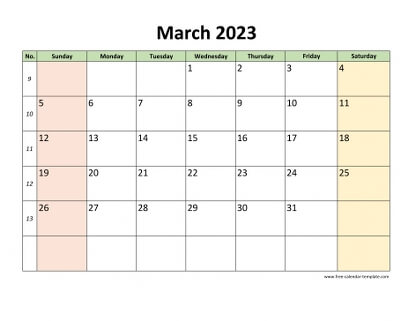march 2023 calendar colored horizontal