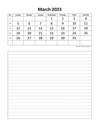 march 2023 calendar daily notes vertical