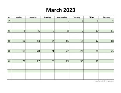 march 2023 calendar daycolored horizontal