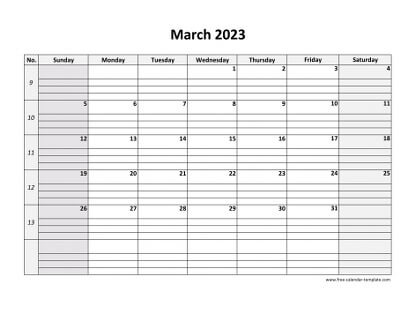 march 2023 calendar daygrid horizontal