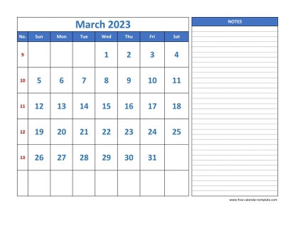 march 2023 calendar largenotes horizontal
