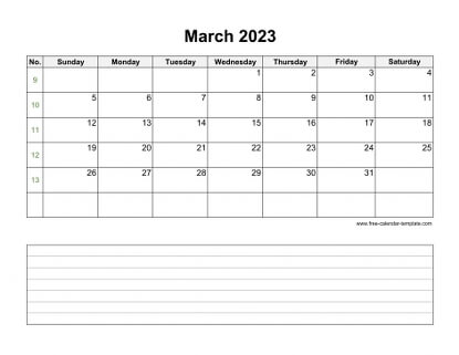 march 2023 calendar notes horizontal