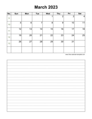 march 2023 calendar notes vertical