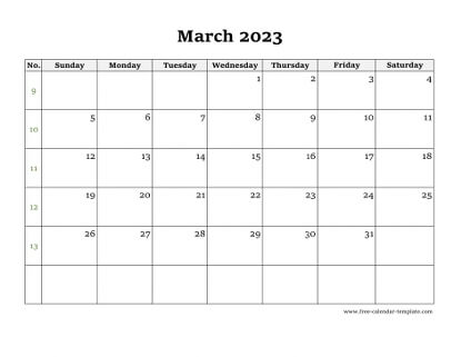 march 2023 calendar simple horizontal