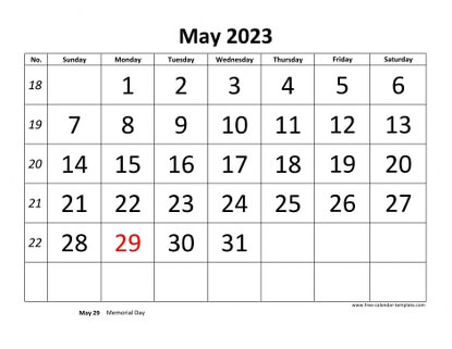 may 2023 calendar bigfont horizontal