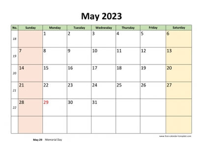may 2023 calendar colored horizontal