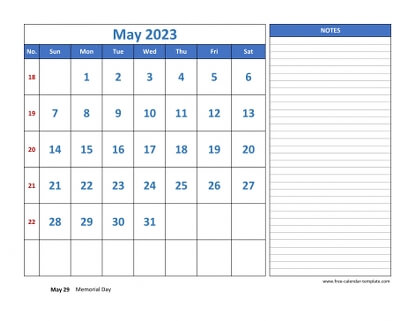 may 2023 calendar largenotes horizontal