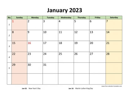 monthly 2023 calendar colored horizontal