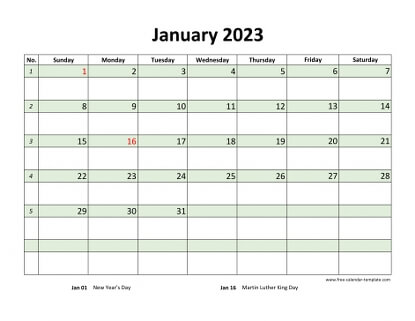 monthly 2023 calendar daycolored horizontal