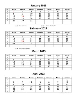 monthly 2023 calendar four months vertical