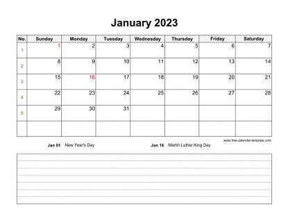 monthly 2023 calendar notes horizontal