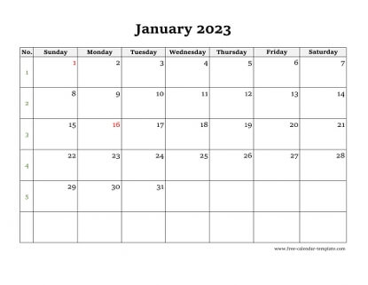 monthly 2023 calendar simple horizontal